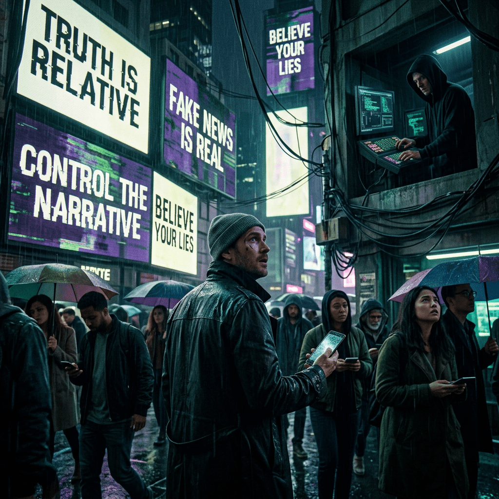 Crowd under rainy dark cityscape with screens displaying phrases like 'Truth is relative' and 'Fake news is real'