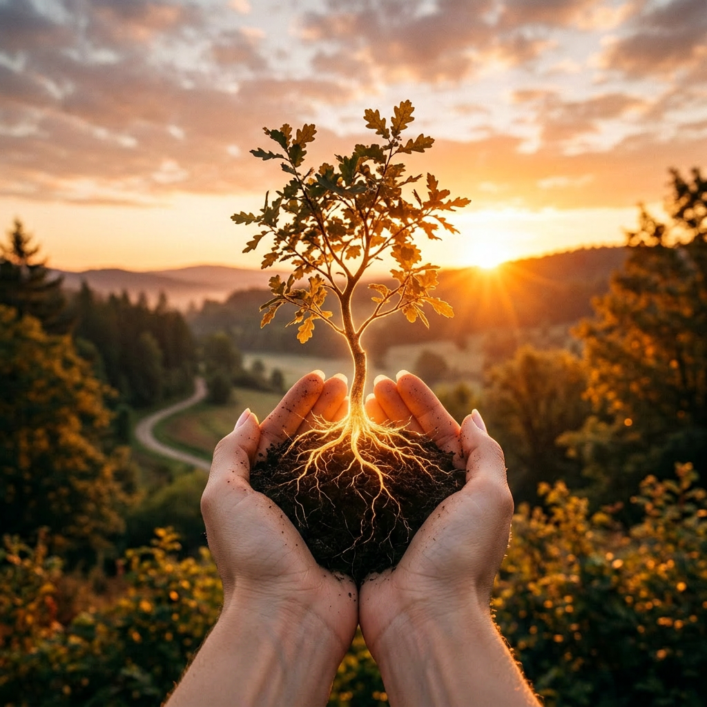 Hands holding soil with a small tree showing glowing roots against a sunset background