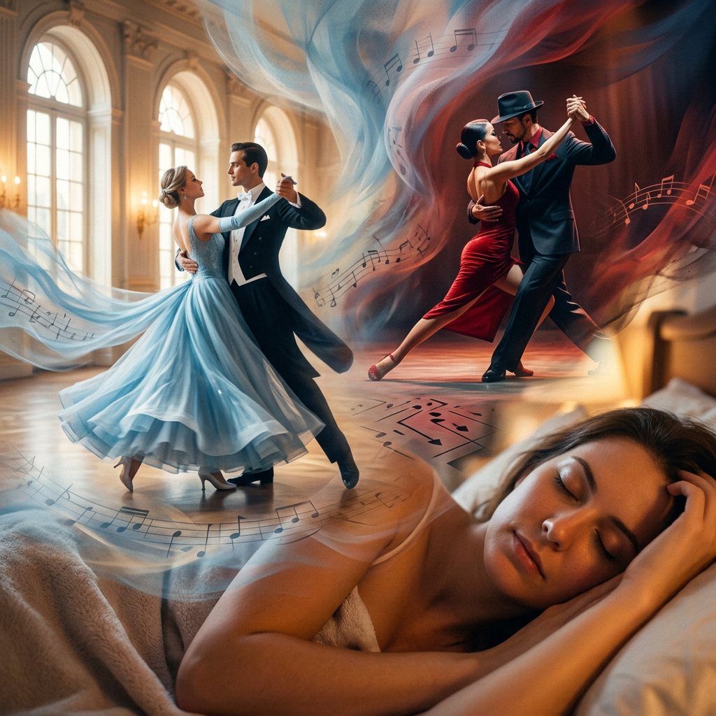 Woman sleeping with dream images of ballroom and tango dancing couples